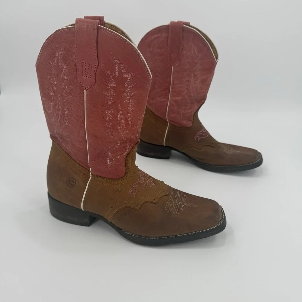 Lucky Brand Brown Pink Leather Western Cowboy Boots Women's Size 7.5 Embroidered
